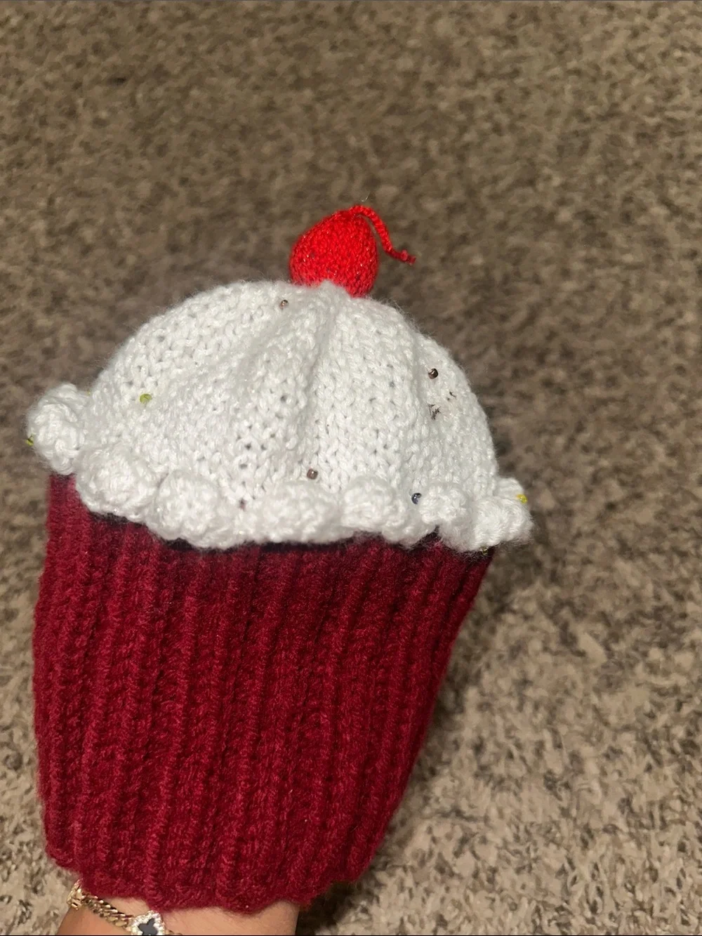 Kids Red Cupcake Beanie Hat with White Frosting, Beaded Sprinkles and Cherry